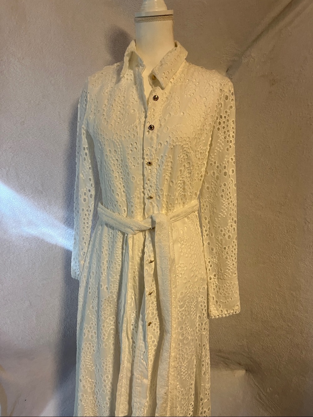 Adore Cream Eyelet Long-Sleeve Shirt Dress with Tie Waist